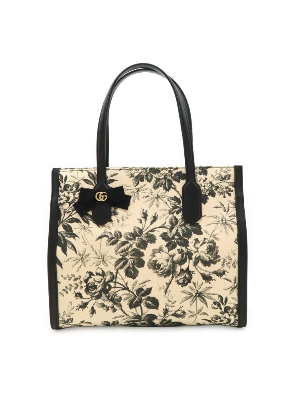 Gucci GG Ribbon Herbarium Floral Pattern Tote Shoulder Bag Canvas Leather Beige